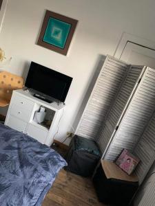 een slaapkamer met een bed en een flatscreen-tv bij Les chineurs du 81 in Luik
