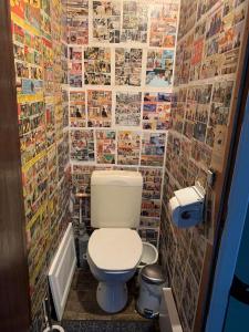 a bathroom with a toilet and a wall of photos at Les chineurs du 81 in Liège