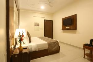 a hotel room with a bed and a tv at Hotel Earth in New Delhi