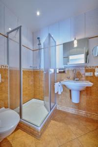 a bathroom with a shower and a sink and a toilet at Landhotel Sternwirt - Das Wellnesshotel zwischen Nürnberg und Amberg in Högen