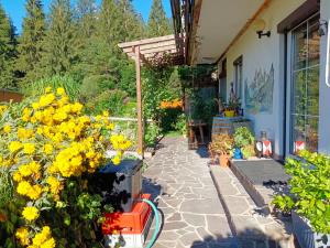 um jardim com flores amarelas e um banco em Ferienwohnung Urisee em Reutte