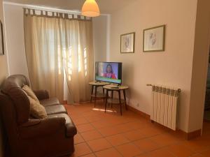 uma sala de estar com um sofá e uma televisão em Casas da Loureira - Casa do Agostinho em Gondarém