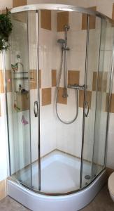 a shower with a glass enclosure in a bathroom at Ferienwohnung Irma in Malschwitz
