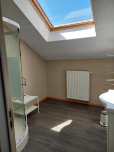 een badkamer met een dakraam in het plafond bij La Ferme Oubliée in Paliseul
