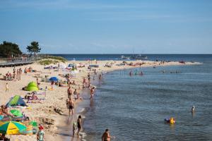 un grupo de personas en la playa en una playa en Pokoje gościnne u Aleksandry en Hel