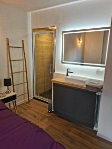 a bedroom with a desk with a mirror and a ladder at Ferme de la Gibussière in Présilly