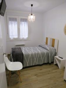 um quarto com uma cama, uma cadeira e um lustre em Apartamento Casa Roda em Bielsa