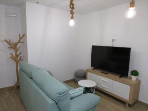 uma sala de estar com um sofá azul e uma televisão de ecrã plano em Apartamento Casa Roda em Bielsa