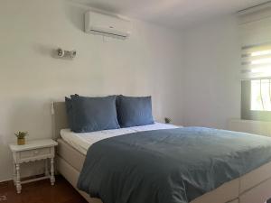 een slaapkamer met een bed met blauwe kussens en een raam bij Casa Biamar in Calpe