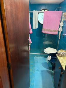 a small bathroom with a pink towel and a toilet at Casa encantadora na serra-Teresópolis in Teresópolis