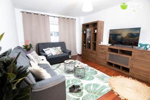 ein Wohnzimmer mit einem Sofa und einem Flachbild-TV in der Unterkunft LARGE COMPLETE APARTMENT, In The Center With Balcony in Santiago de Compostela