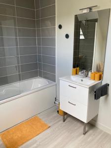 a bathroom with a tub and a sink and a shower at LE GÎTE DES BLEUETS in Cany-Barville
