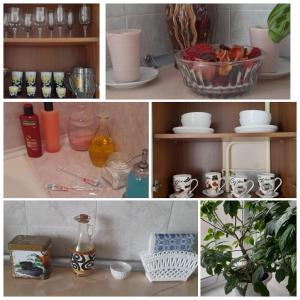 a collage of photos of a kitchen with cups and dishes at Изумруд in Uralsk