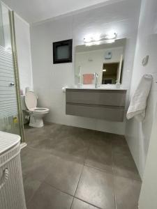 Carmel Beach Luxury Apartment في حيفا: حمام مع حوض ومرحاض ومرآة