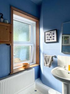 Baño azul con lavabo y ventana en Treetops & Viaducts; open plan two-bed apartment en Walsden