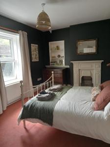 a bedroom with a bed with a fireplace and a mirror at Treetops & Viaducts; open plan two-bed apartment in Walsden