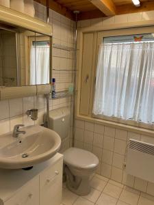 a bathroom with a sink and a toilet and a mirror at Majo in Koblenz