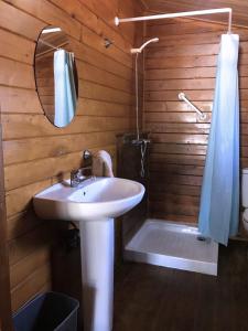 a bathroom with a sink and a shower with a mirror at Retiro Siete Aguas in Siete Aguas +71 photos