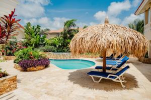 a group of chairs under a straw umbrella next to a swimming pool at Modern 1-bedroom-apartment 2 km from Eagle beach in Palm-Eagle Beach