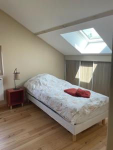 a bedroom with a bed with a skylight at Le Jardin de Juliette in Gournay