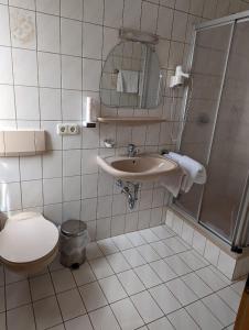 y baño con aseo, lavabo y ducha. en Cafe-Bäckerei-Pension Weigl en Oberviechtach