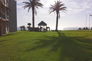 a gazebo in a field with palm trees and the ocean at First Group Brookes Hill Suites in Summerstrand