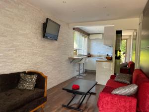 un soggiorno con un divano e una TV a parete di Studio tout confort au calme avec jardin proche Cannes a Le Cannet