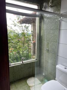 y baño con ducha, ventana y aseo. en Chalé romântico , rústico e vista de tirar o fôlego en Guaramiranga