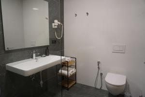 a bathroom with a sink and a toilet at Mandrati Loft in Sarpi +20 photos