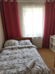 ワルシャワにあるApartamenty Nowy Światのベッドルーム1室(赤いカーテンと窓付きのベッド1台付)