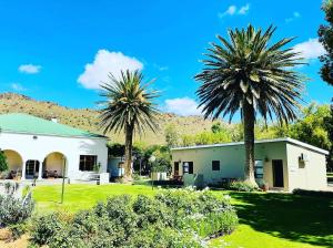 a house with two palm trees in the yard at Travalia Guest Farm in Nelspoort