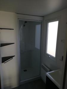 uma casa de banho com um chuveiro, um lavatório e uma janela em Les Dunes de Contis em Saint-Julien-en-Born
