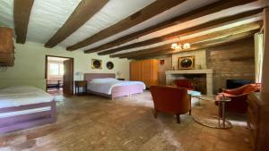 Großes Zimmer mit einem Bett und einem Kamin. in der Unterkunft Domaine de la Boissière in Marigny-Marmande