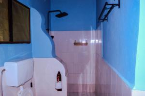 a bathroom with a toilet and a blue wall at Zanzi Rest Bungalow in Nungwi