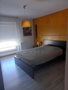 a bedroom with a bed and a lamp on a wooden floor at gite St anne in Fresnes-en-Woëvre