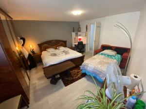 ein Schlafzimmer mit 2 Betten und einer Pflanze darin in der Unterkunft 1 Chambre chez l habitant, 1 à 4 pers, Park ext, TAXI VTC 6places disponibles in Auvernaux