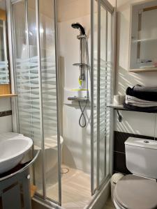 y baño con ducha, aseo y lavamanos. en L'hippocampe - appt mezzanine centre d'Arromanches en Arromanches-les-Bains