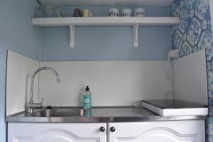 um balcão de cozinha com um lavatório e uma prateleira em Pipowagen ''Slapen by Co'' em Leerdam