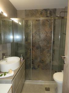 ein Bad mit einer Dusche, einem Waschbecken und einem WC in der Unterkunft Stadium Sea Beach Apartment in Kissamos