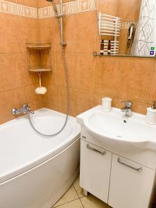 uma casa de banho com uma banheira, um lavatório e um chuveiro em Apartament przy Dworcu em Radom