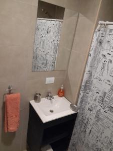 a bathroom with a sink and a shower curtain at París 1 Monoambiente in Rosario