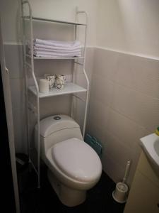 een kleine badkamer met een wit toilet en handdoeken bij Cabañas Killari in Oxapampa