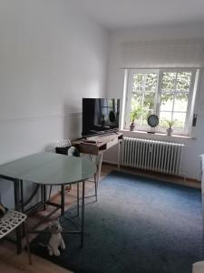 een woonkamer met een tafel, een tv en een raam bij Les studios du Domaine d'Eva in Libramont