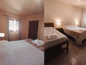 two photos of a hotel room with two beds at El Caucillar in Iruya