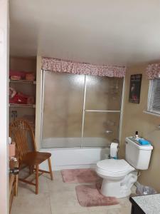 a bathroom with a toilet and a window and a chair at Nana's Cheerful cottage in Melbourne