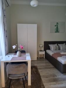 1 dormitorio con 1 cama, escritorio y 1 cama en Eden Center Home, en Győr