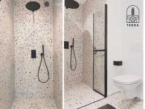 two pictures of a bathroom with a shower and a toilet at Terra House in Ventspils