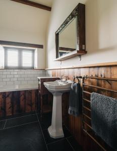 W łazience znajduje się umywalka i lustro. w obiekcie Sea View w mieście Poundstock