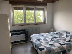 a bedroom with a bed and two windows at gîte de montagne au pied du Champ du Feu (Alsace) in Belmont
