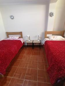 Pokój z 2 łóżkami i podłogą wyłożoną kafelkami w obiekcie Departamento D&C I entero acogedor w mieście Huancayo
